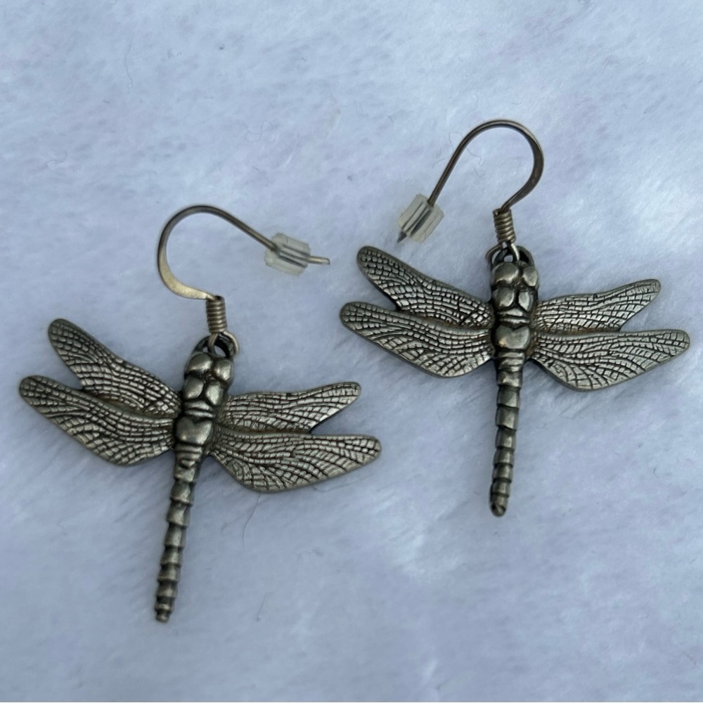 Womens Pewter Dragonfly Drop Earrings